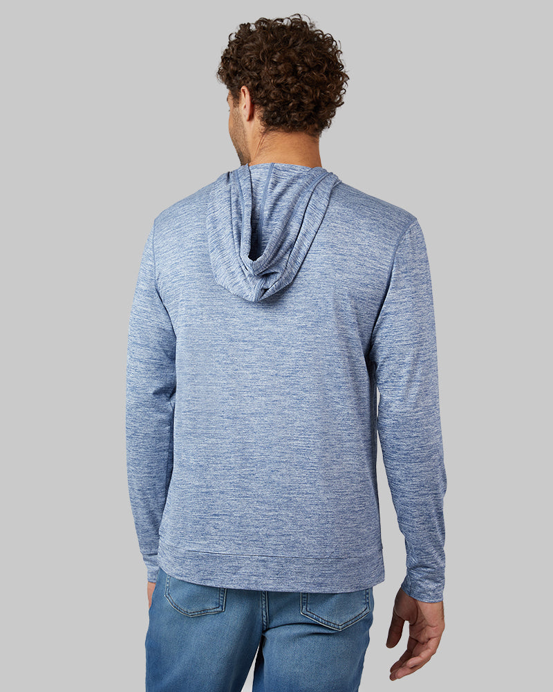 32 Degrees Academy Blue Space Dye _ Men's Cool Long sleeve Hooded T-shirt {model: Miguel is 6'2", wearing size M}{bottom}{right} {bottom}{right}