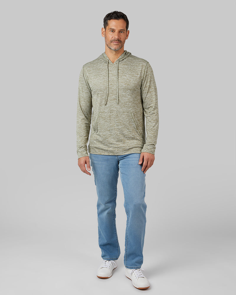 32 Degrees Artichoke Space Dye _ Men's Cool Long sleeve Hooded T-shirt {model: Eduardo is 6'1", wearing size M}{bottom}{right} {bottom}{right}