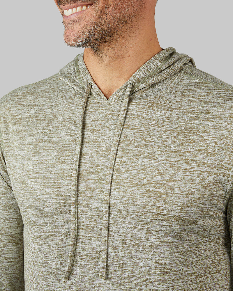 32 Degrees Artichoke Space Dye _ Men's Cool Long sleeve Hooded T-shirt {model: Eduardo is 6'1", wearing size M}{bottom}{right} {bottom}{right}