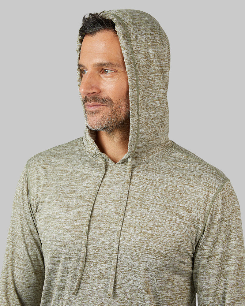 32 Degrees Artichoke Space Dye _ Men's Cool Long sleeve Hooded T-shirt {model: Eduardo is 6'1", wearing size M}{bottom}{right} {bottom}{right}