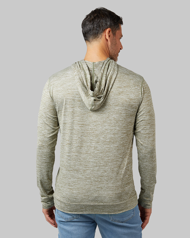 32 Degrees Artichoke Space Dye _ Men's Cool Long sleeve Hooded T-shirt {model: Eduardo is 6'1", wearing size M}{bottom}{right} {bottom}{right}