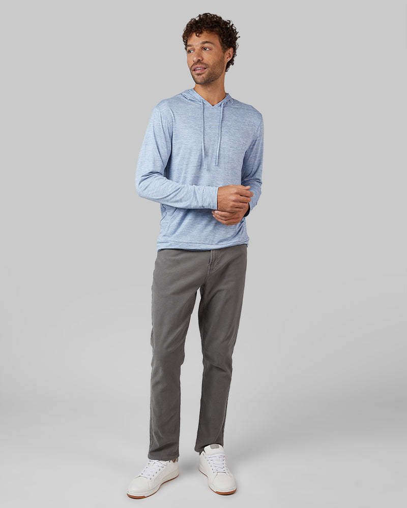 32 Degrees Beach Blue Space Dye _ Men's Cool Long sleeve Hooded T-shirt {model: Miguel is 6'2", wearing size M}{bottom}{right} {bottom}{right}