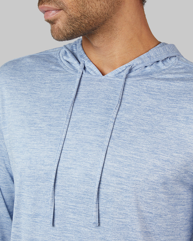 32 Degrees Beach Blue Space Dye _ Men's Cool Long sleeve Hooded T-shirt {model: Miguel is 6'2", wearing size M}{bottom}{right} {bottom}{right}