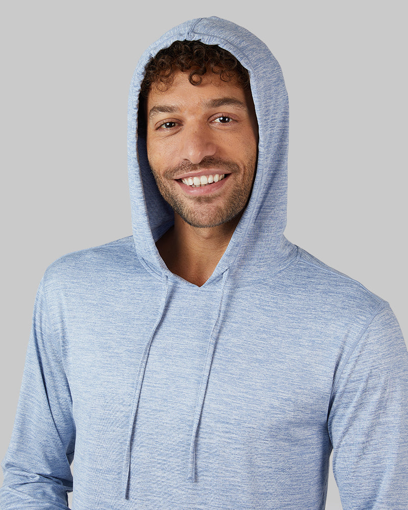 32 Degrees Beach Blue Space Dye _ Men's Cool Long sleeve Hooded T-shirt {model: Miguel is 6'2", wearing size M}{bottom}{right} {bottom}{right}