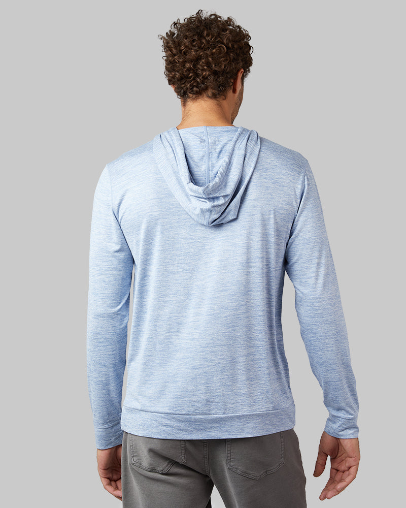 32 Degrees Beach Blue Space Dye _ Men's Cool Long sleeve Hooded T-shirt {model: Miguel is 6'2", wearing size M}{bottom}{right} {bottom}{right}