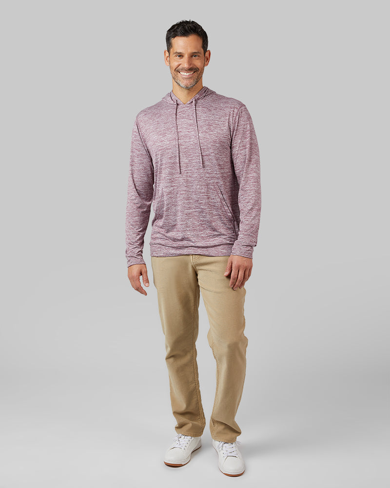 32 Degrees Pomegranate Space Dye _ Men's Cool Long sleeve Hooded T-shirt {model: Eduardo is 6'1", wearing size M}{bottom}{right} {bottom}{right}