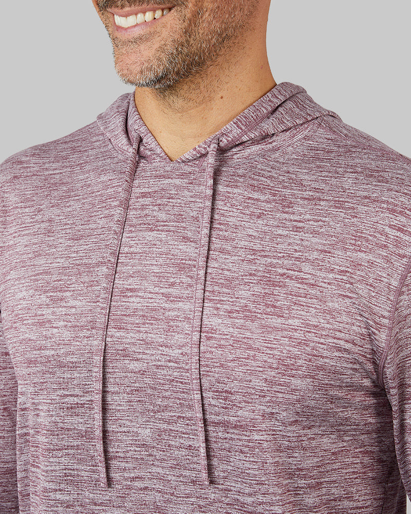 32 Degrees Pomegranate Space Dye _ Men's Cool Long sleeve Hooded T-shirt {model: Eduardo is 6'1", wearing size M}{bottom}{right} {bottom}{right}