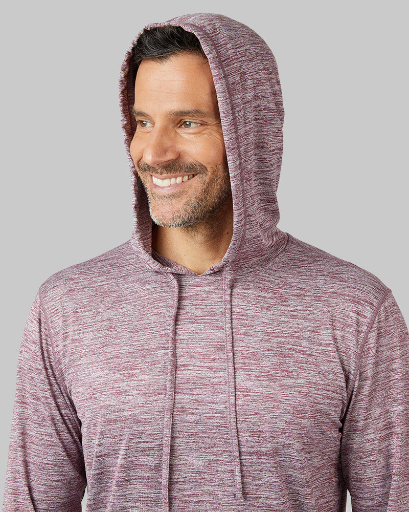 32 Degrees Pomegranate Space Dye _ Men's Cool Long sleeve Hooded T-shirt {model: Eduardo is 6'1", wearing size M}{bottom}{right} {bottom}{right}