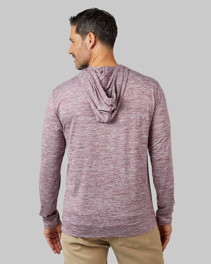 32 Degrees Pomegranate Space Dye _ Men's Cool Long sleeve Hooded T-shirt {model: Eduardo is 6'1", wearing size M}{bottom}{right} {bottom}{right}