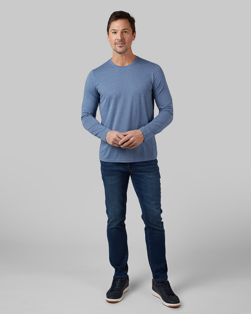 32 Degrees Academy Blue Heather _ Men's Cool Long sleeve T-shirt {model: Andrew is 6'2", wearing size M}{bottom}{right} {bottom}{right}