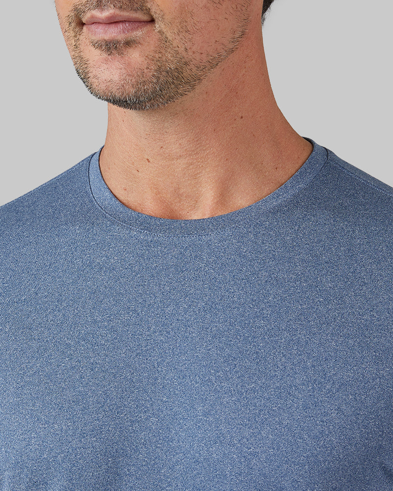 32 Degrees Academy Blue Heather _ Men's Cool Long sleeve T-shirt {model: Andrew is 6'2", wearing size M}{bottom}{right} {bottom}{right}