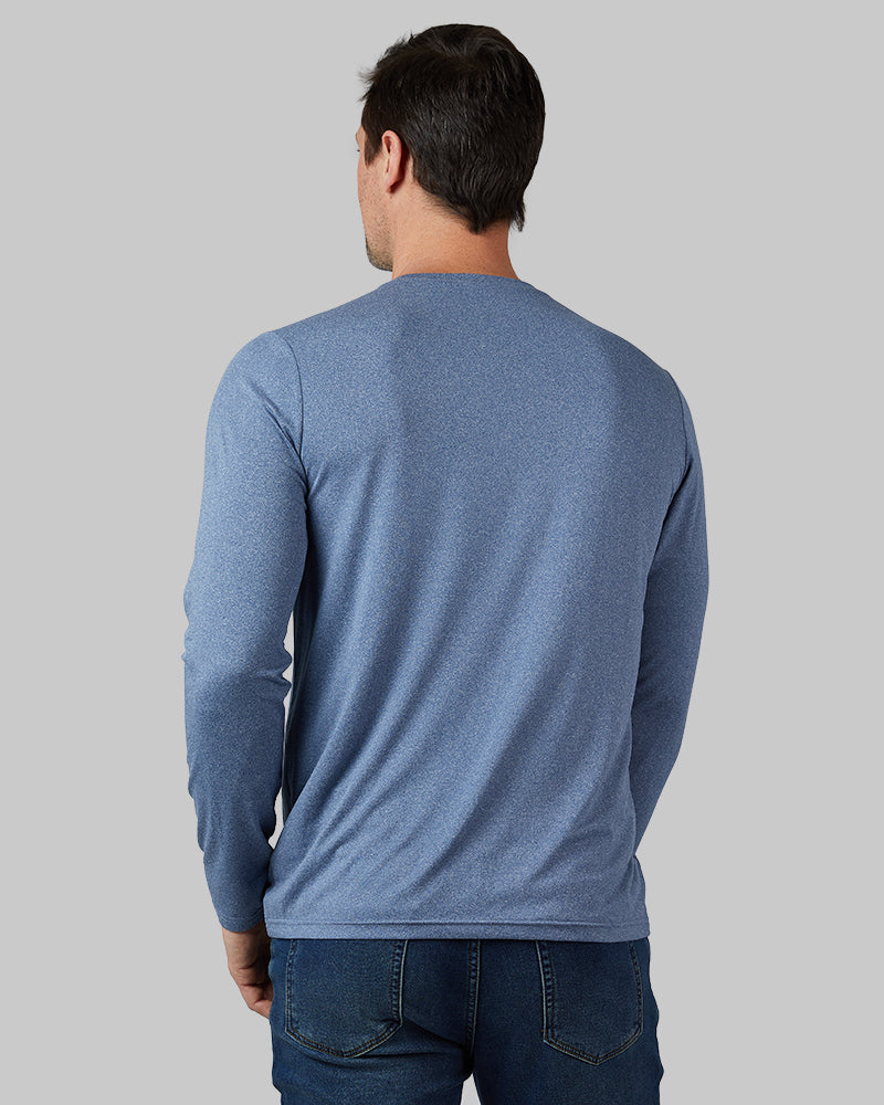 32 Degrees Academy Blue Heather _ Men's Cool Long sleeve T-shirt {model: Andrew is 6'2", wearing size M}{bottom}{right} {bottom}{right}