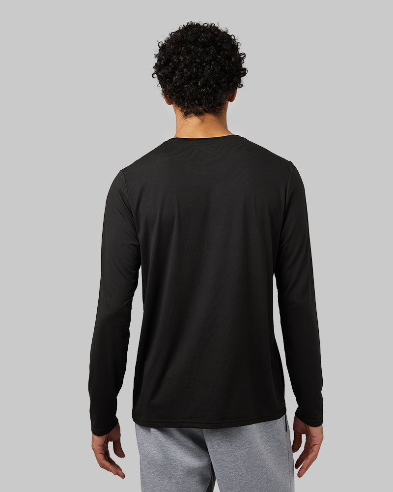 32 Degrees Black _ Men's Cool Long sleeve T-shirt {model: Isaiah is 6'1", wearing size M}{bottom}{right} {bottom}{right}