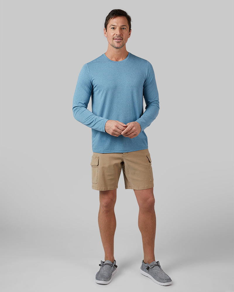 32 Degrees Blue Steel Heather _ Men's Cool Long sleeve T-shirt {model: Andrew is 6'2", wearing size M}{bottom}{right} {bottom}{right}