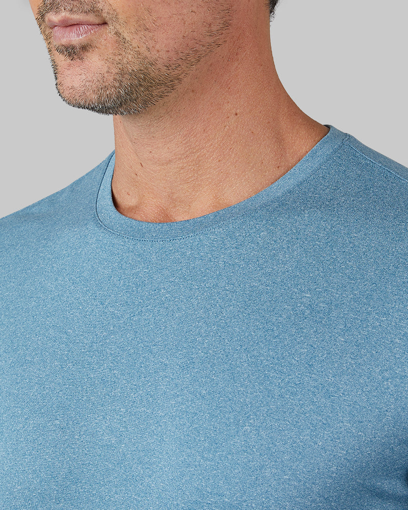 32 Degrees Blue Steel Heather _ Men's Cool Long sleeve T-shirt {model: Andrew is 6'2", wearing size M}{bottom}{right} {bottom}{right}