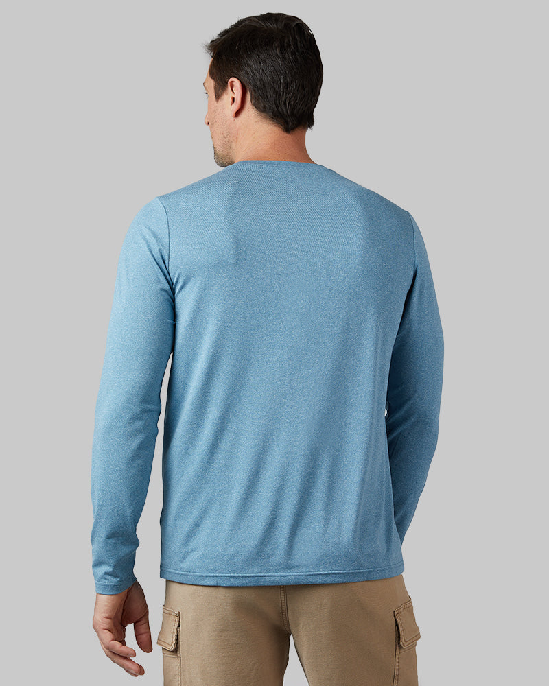 32 Degrees Blue Steel Heather _ Men's Cool Long sleeve T-shirt {model: Andrew is 6'2", wearing size M}{bottom}{right} {bottom}{right}