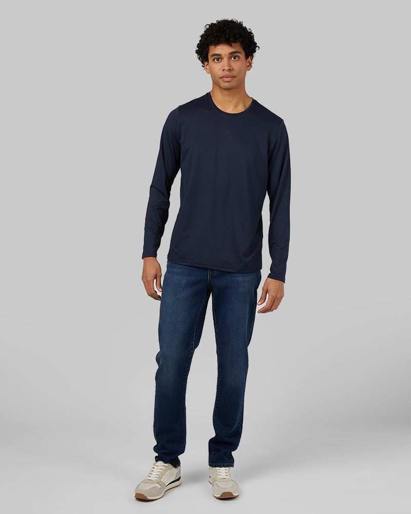 32 Degrees Navy_ Men's Cool Long sleeve T-shirt {model: Isaiah is 6'1", wearing size M}{bottom}{right} {bottom}{right}