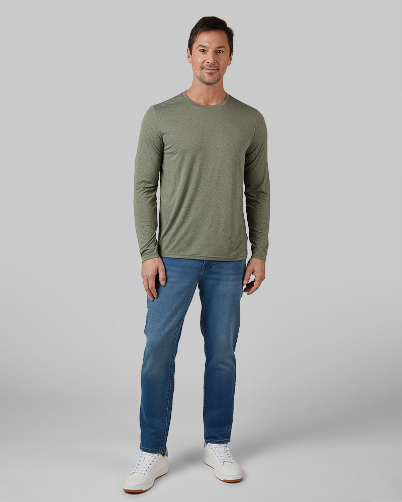 32 Degrees Oregano Heather _ Men's Cool Long sleeve T-shirt {model: Andrew is 6'2", wearing size M}{bottom}{right} {bottom}{right}