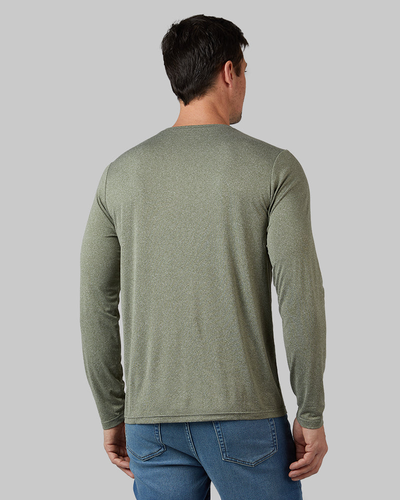 32 Degrees Oregano Heather _ Men's Cool Long sleeve T-shirt {model: Andrew is 6'2", wearing size M}{bottom}{right} {bottom}{right}