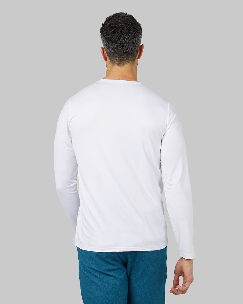 32 Degrees White _ Men's Cool Long sleeve T-shirt {model: Daniel is 6'2", wearing size M}{bottom}{right} {bottom}{right}