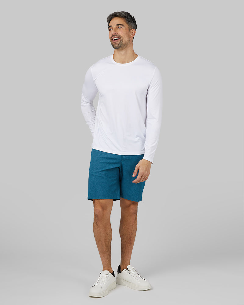 32 Degrees White _ Men's Cool Long sleeve T-shirt {model: Daniel is 6'2", wearing size M}{bottom}{right} {bottom}{right}