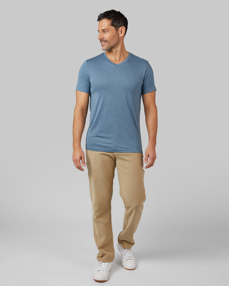 32 Degrees Pacific Sea Heather _ Men's Cool Classic Vneck T-shirt {model: Eduardo is 6'1", wearing size M}{bottom}{right} {bottom}{right}