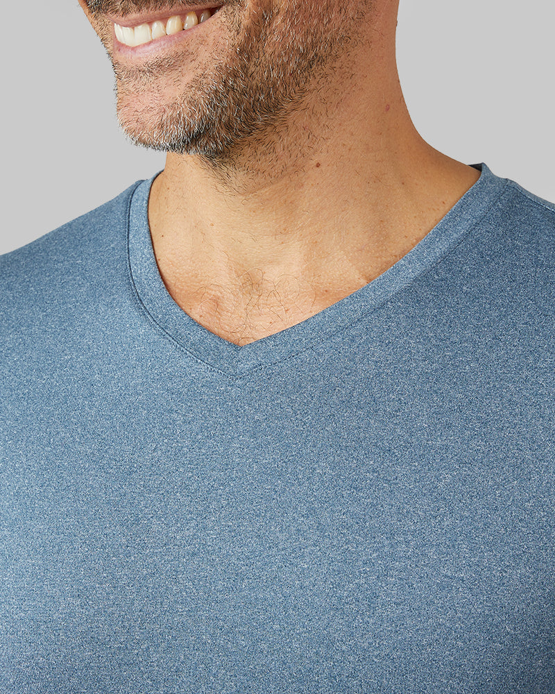 32 Degrees Pacific Sea Heather _ Men's Cool Classic Vneck T-shirt {model: Eduardo is 6'1", wearing size M}{bottom}{right} {bottom}{right}