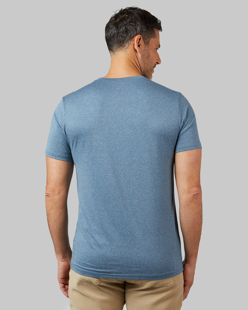 32 Degrees Pacific Sea Heather _ Men's Cool Classic Vneck T-shirt {model: Eduardo is 6'1", wearing size M}{bottom}{right} {bottom}{right}