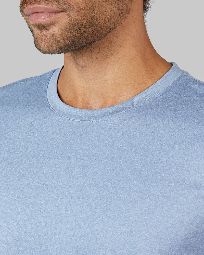 32 Degrees Beach Blue Heather _ Men's Cool Classic Crew T-shirt {model: Miguel is 6'2", wearing size M}{bottom}{right} {bottom}{right}