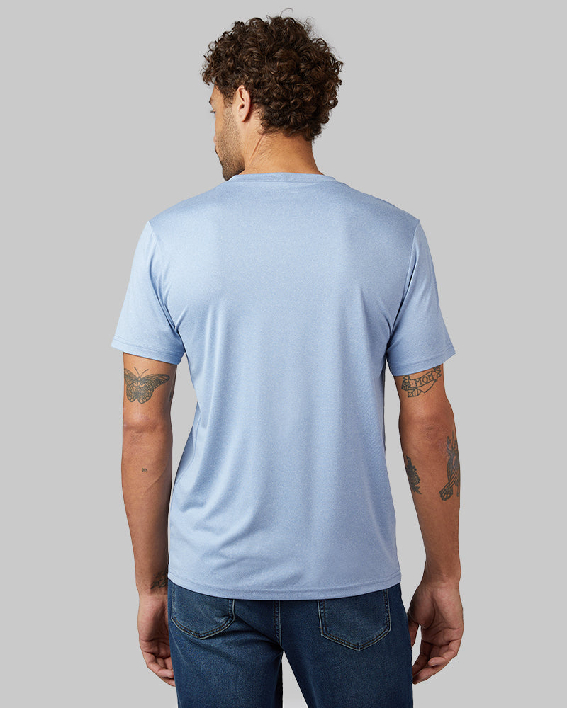 32 Degrees Beach Blue Heather _ Men's Cool Classic Crew T-shirt {model: Miguel is 6'2", wearing size M}{bottom}{right} {bottom}{right}