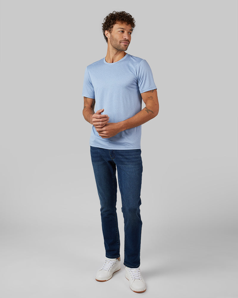 32 Degrees Beach Blue Heather _ Men's Cool Classic Crew T-shirt {model: Miguel is 6'2", wearing size M}{bottom}{right} {bottom}{right}