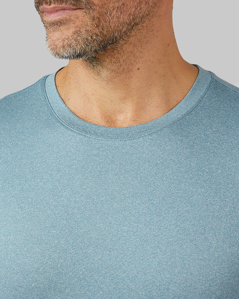 32 Degrees Dark Jade Heather _ Men's Cool Classic Crew T-shirt {model: Eduardo is 6'1", wearing size M}{bottom}{right} {bottom}{right}