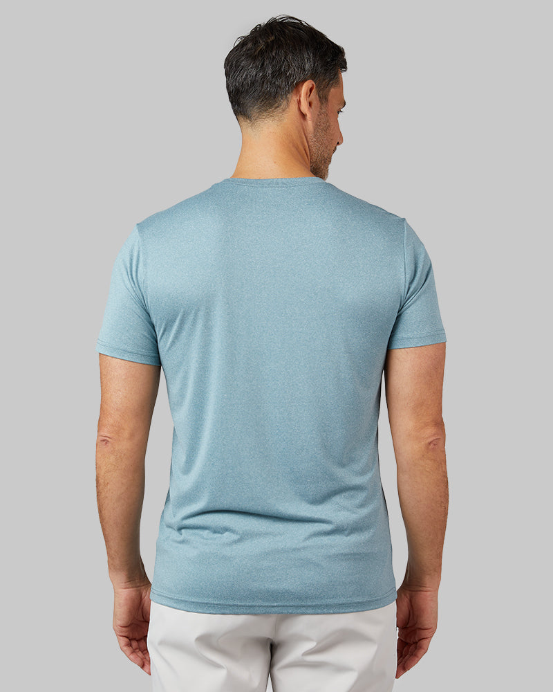 32 Degrees Dark Jade Heather _ Men's Cool Classic Crew T-shirt {model: Eduardo is 6'1", wearing size M}{bottom}{right} {bottom}{right}