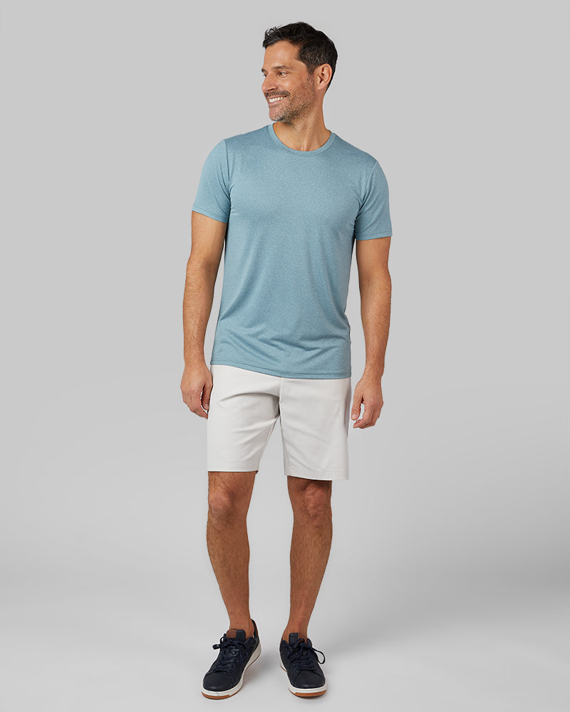 32 Degrees Dark Jade Heather _ Men's Cool Classic Crew T-shirt {model: Eduardo is 6'1", wearing size M}{bottom}{right} {bottom}{right}