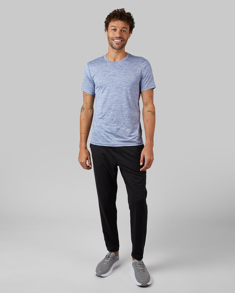32 Degrees Harbor Blue Space Dye _ Men's Cool Active T-shirt {model: Miguel is 6'2", wearing size M}{bottom}{right} {bottom}{right}