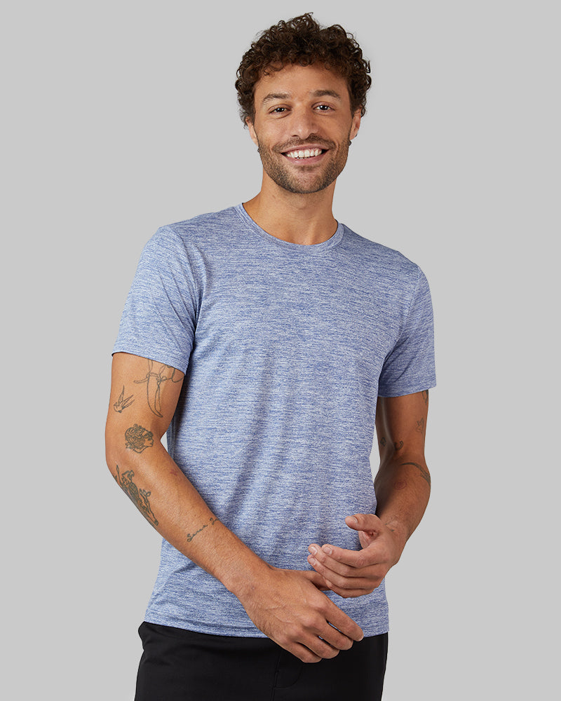 32 Degrees Harbor Blue Space Dye _ Men's Cool Active T-shirt {model: Miguel is 6'2", wearing size M}{bottom}{right} {bottom}{right}