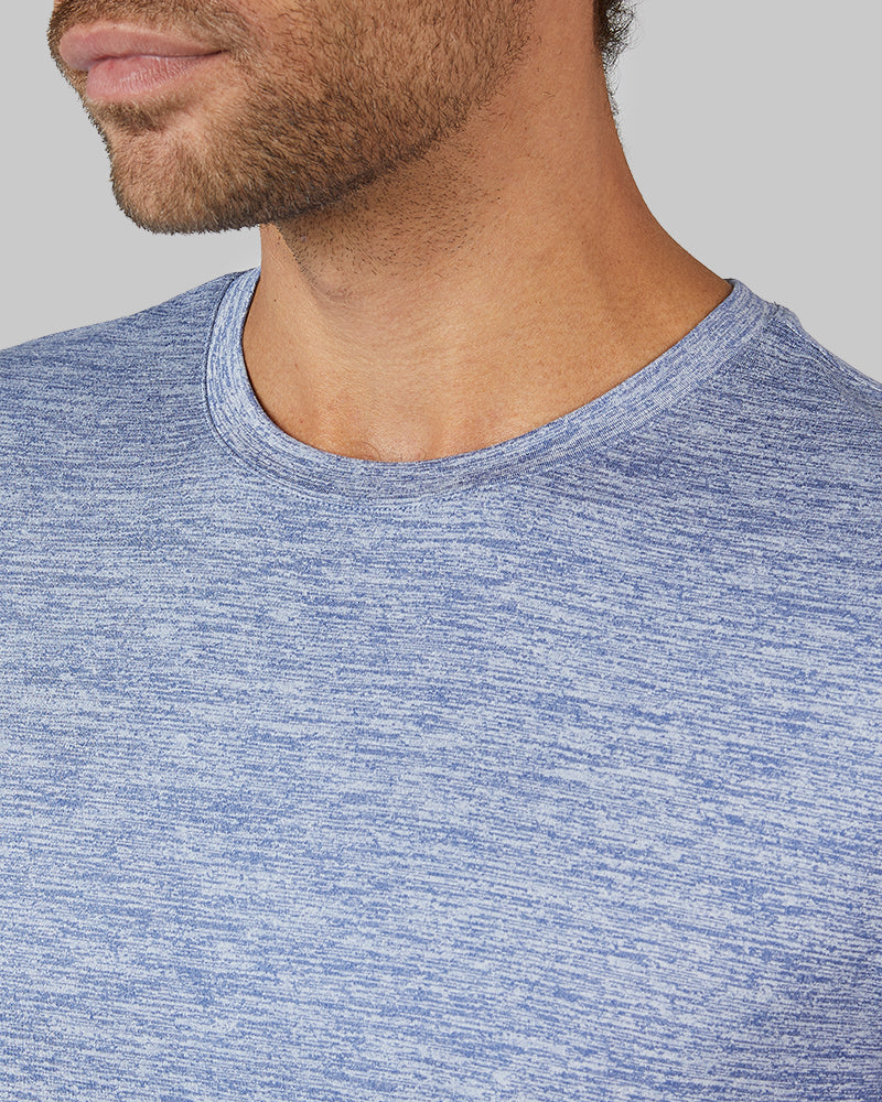 32 Degrees Harbor Blue Space Dye _ Men's Cool Active T-shirt {model: Miguel is 6'2", wearing size M}{bottom}{right} {bottom}{right}