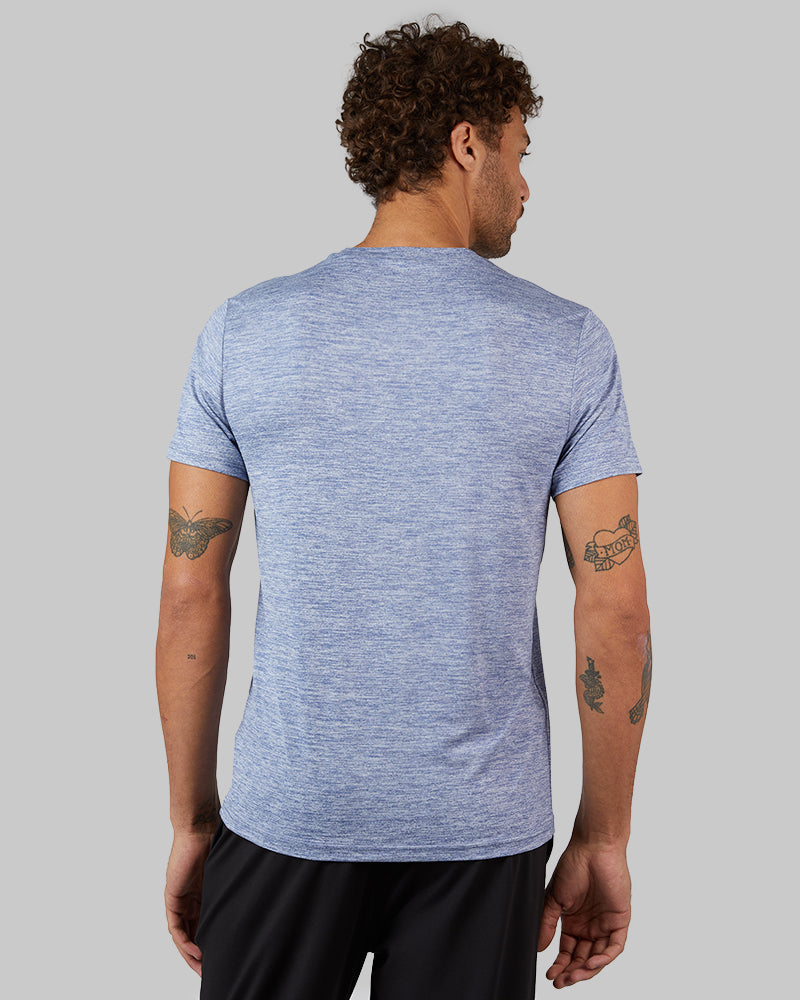 32 Degrees Harbor Blue Space Dye _ Men's Cool Active T-shirt {model: Miguel is 6'2", wearing size M}{bottom}{right} {bottom}{right}
