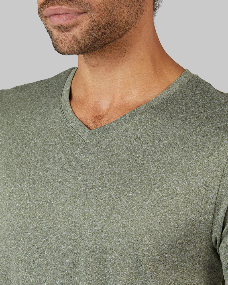 32 Degrees Oregano Heather _ Men's Cool Classic Vneck T-shirt {model: Miguel is 6'2", wearing size M}{bottom}{right} {bottom}{right}