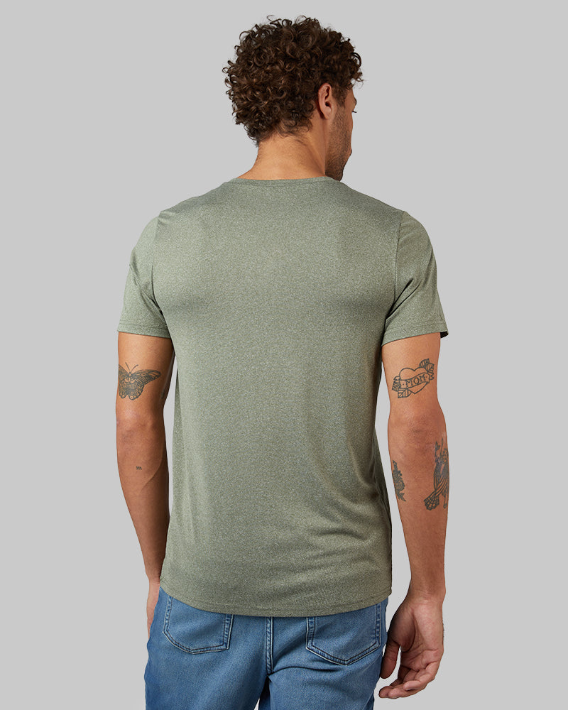 32 Degrees Oregano Heather _ Men's Cool Classic Vneck T-shirt {model: Miguel is 6'2", wearing size M}{bottom}{right} {bottom}{right}