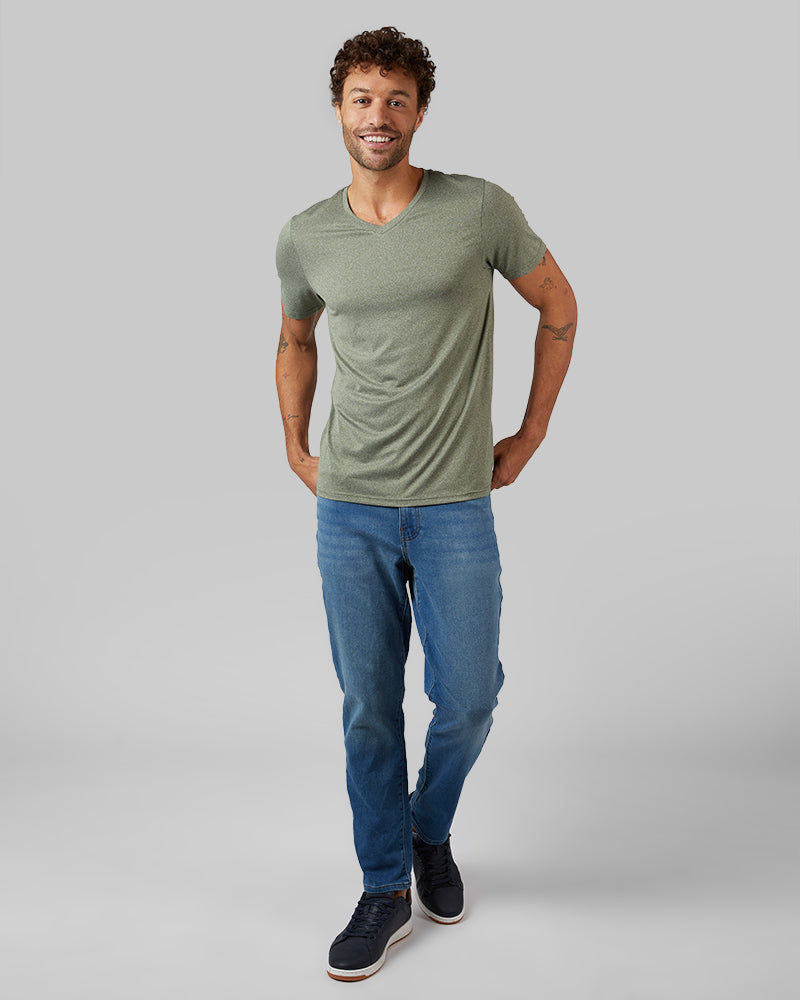 32 Degrees Oregano Heather _ Men's Cool Classic Vneck T-shirt {model: Miguel is 6'2", wearing size M}{bottom}{right} {bottom}{right}