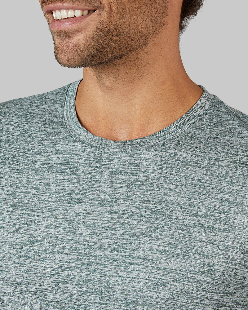 32 Degrees Everpine Space Dye _ Men's Cool Active T-shirt {model: Miguel is 6'2", wearing size M}{bottom}{right} {bottom}{right}