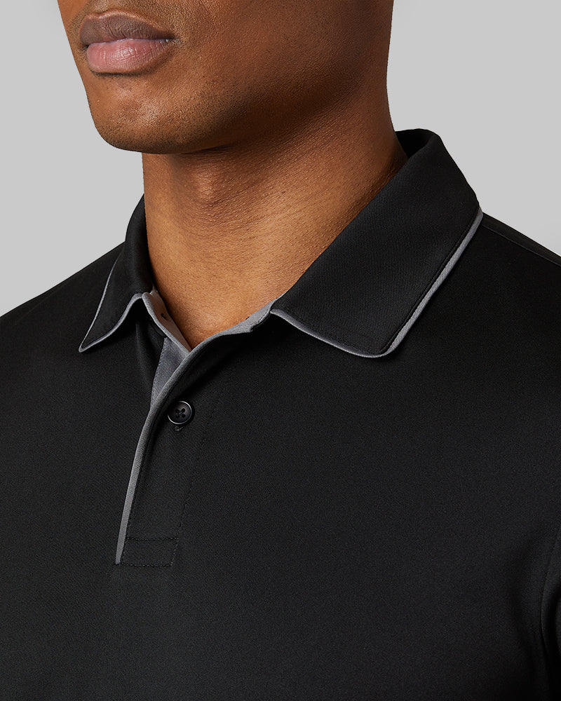 32 Degrees Black _ Men's stretch Flow Tipped Polo {model: Isaiah is 6'1", wearing size M}{bottom}{right} {bottom}{right}
