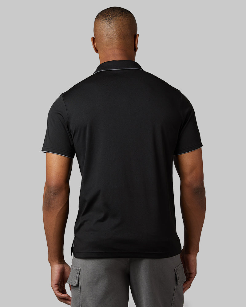 32 Degrees Black _ Men's stretch Flow Tipped Polo {model: Isaiah is 6'1", wearing size M}{bottom}{right} {bottom}{right}