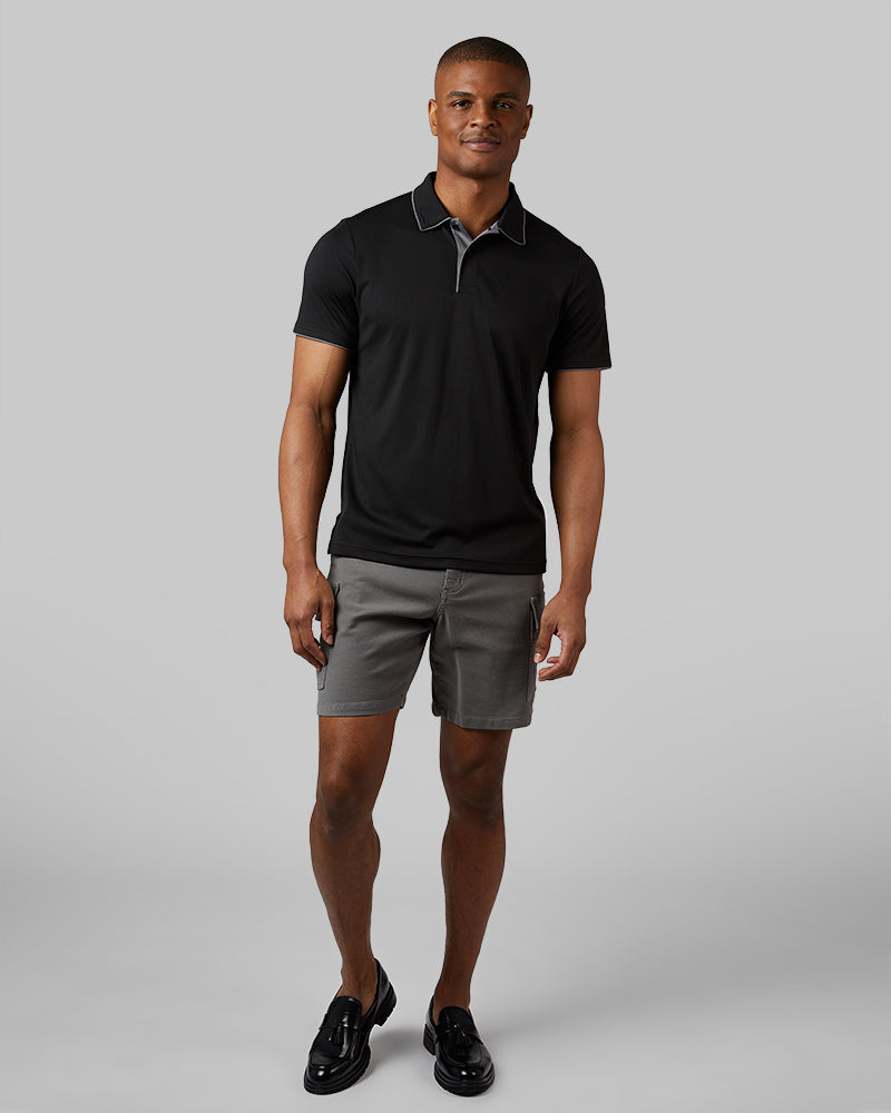 32 Degrees Black _ Men's stretch Flow Tipped Polo {model: Isaiah is 6'1", wearing size M}{bottom}{right} {bottom}{right}