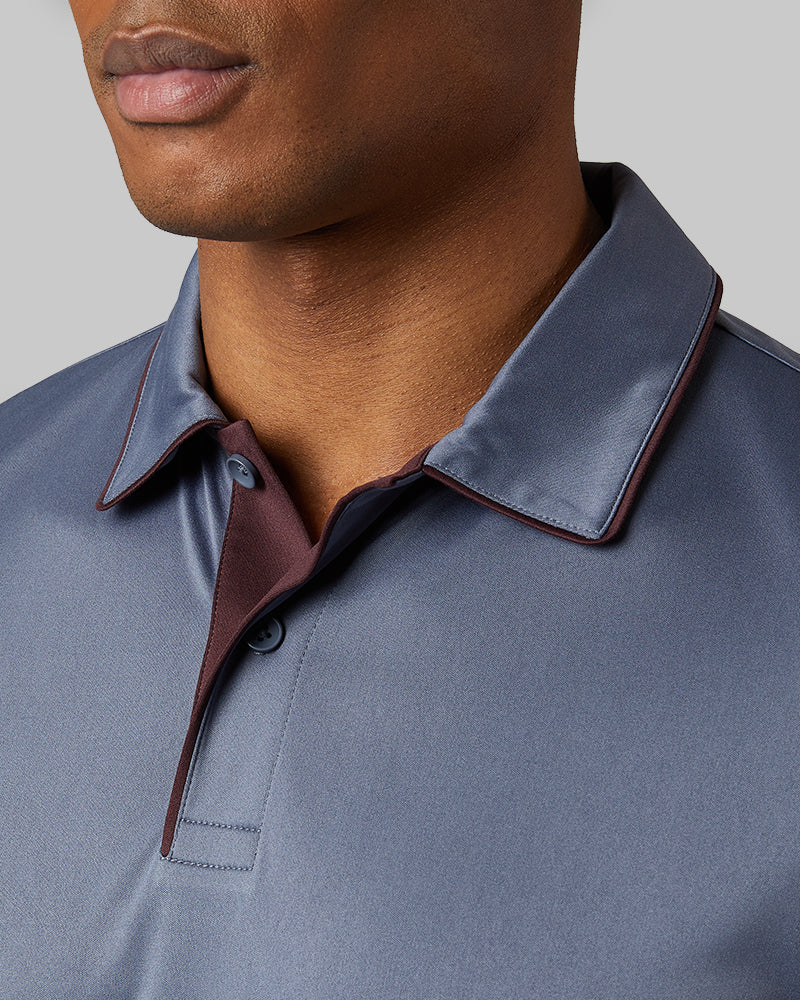 32 Degrees Dim Blue _ Men's stretch Flow Tipped Polo {model: Isaiah is 6'1", wearing size M}{bottom}{right} {bottom}{right}