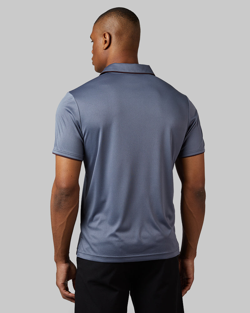 32 Degrees Dim Blue _ Men's stretch Flow Tipped Polo {model: Isaiah is 6'1", wearing size M}{bottom}{right} {bottom}{right}