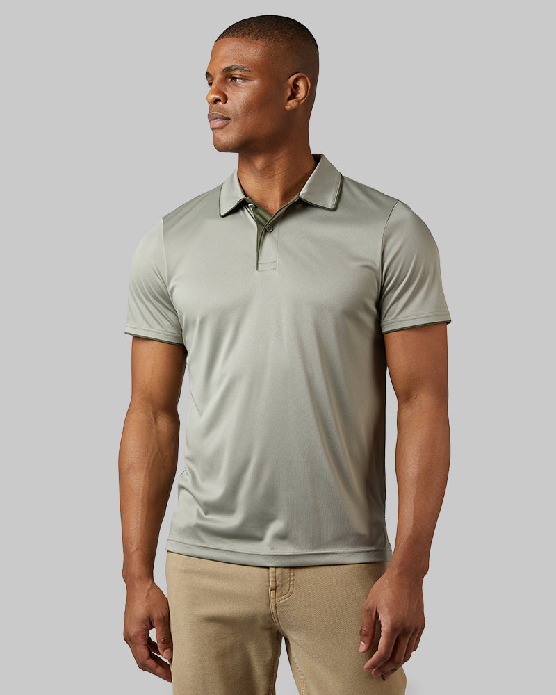 32 Degrees Seagrass _ Men's stretch Flow Tipped Polo {model: Isaiah is 6'1", wearing size M}{bottom}{right} {bottom}{right}