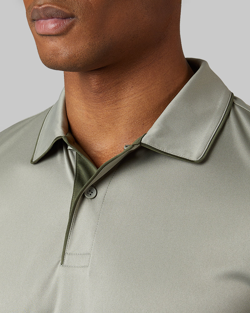 32 Degrees Seagrass _ Men's stretch Flow Tipped Polo {model: Isaiah is 6'1", wearing size M}{bottom}{right} {bottom}{right}