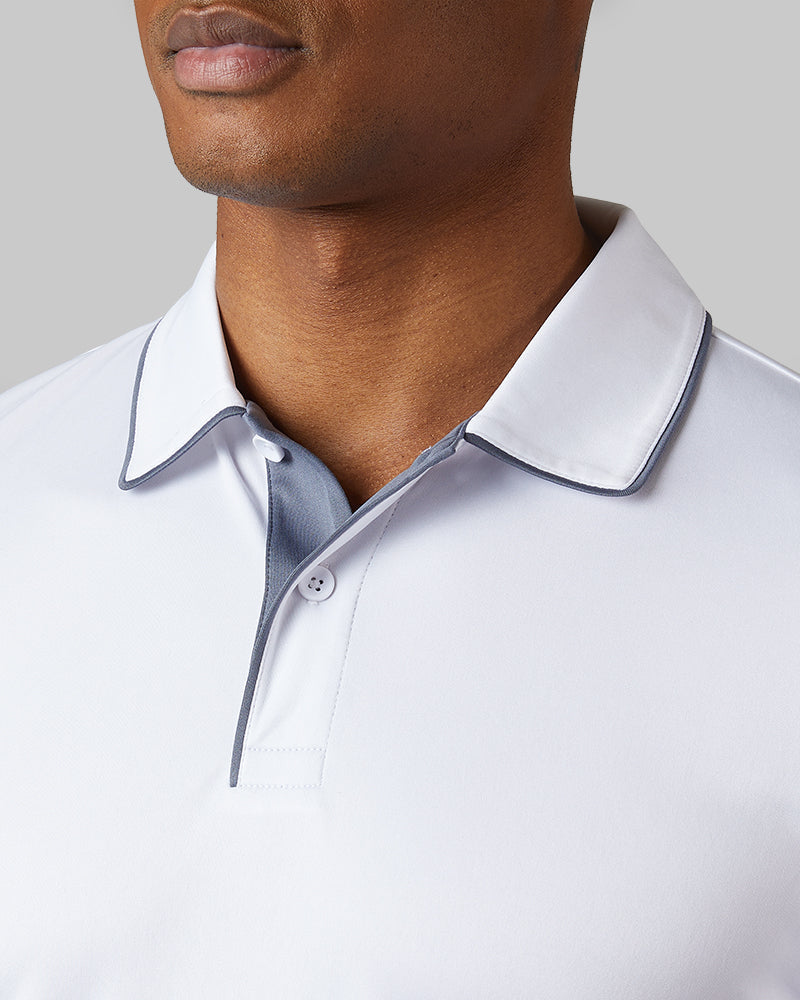 32 Degrees White _ Men's stretch Flow Tipped Polo {model: Isaiah is 6'1", wearing size M}{bottom}{right} {bottom}{right}